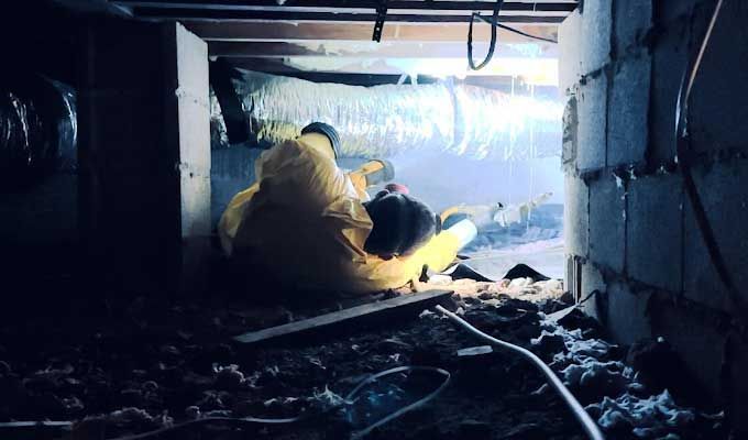 Two workers in yellow protective suits crawl in a crawl space, near insulation and concrete blocks. Two workers in yellow protective suits crawl in a crawl space, near insulation and concrete blocks.