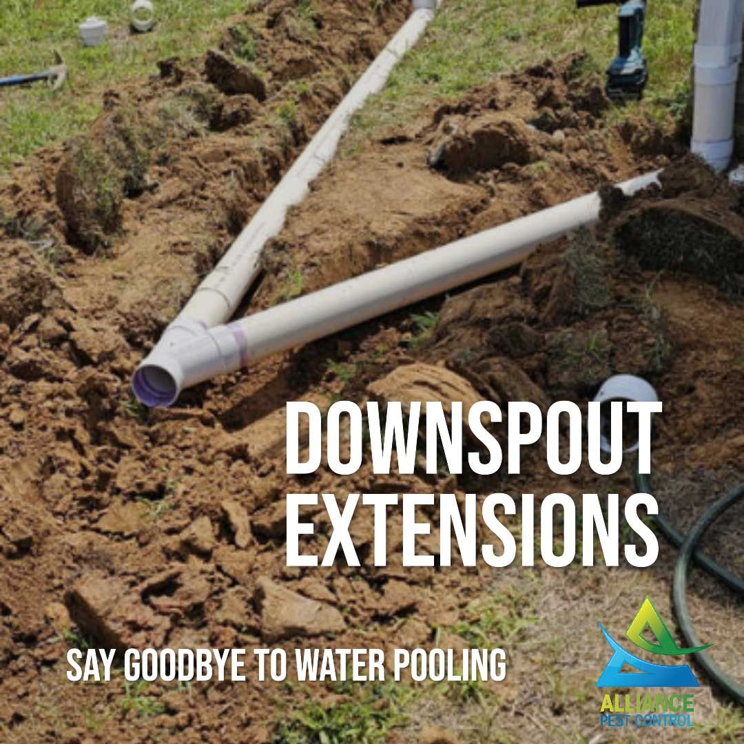 Downspout extensions being installed in a trench, with text