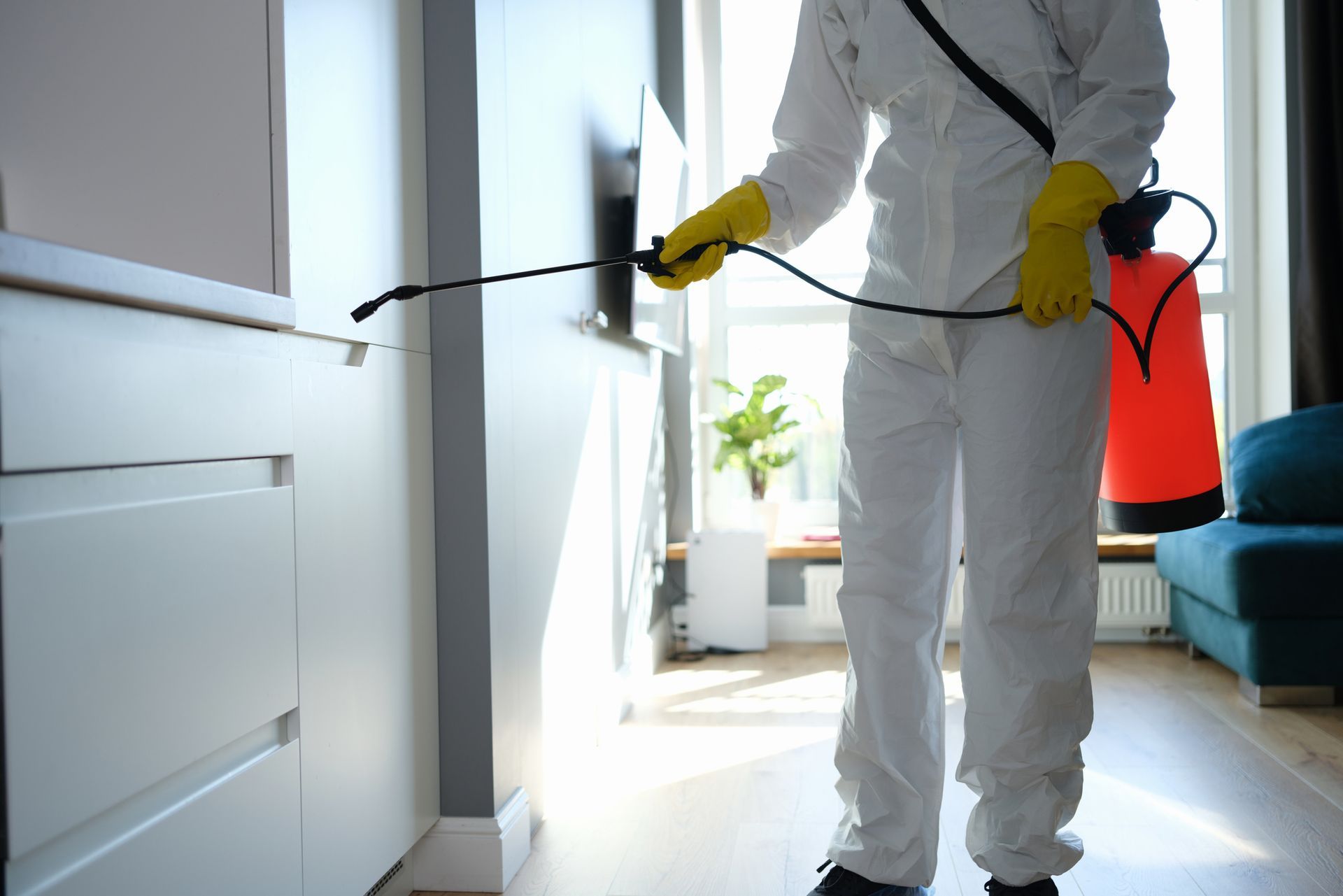 Professional in protective suit spraying pesticide indoors for home pest control and disinfection.