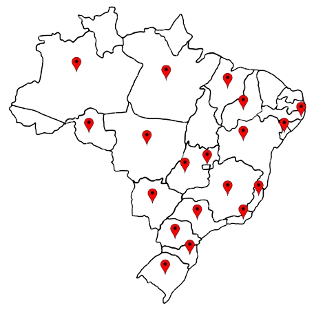 Um mapa do brasil com alfinetes vermelhos