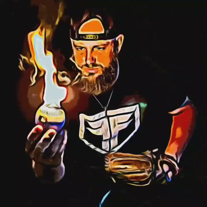 Man holding a burning baseball in one hand, glove in the other. Dark background, filtered effect.