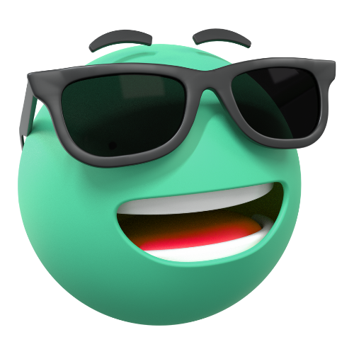 Smiling turquoise emoji wearing sunglasses.