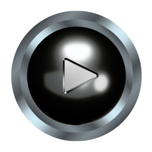 Play button, shiny silver and black, with a white triangle, in a metallic frame.