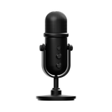 Black USB microphone on a stand.