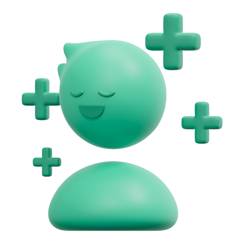 Green 3D person with closed eyes and plus signs around their head.