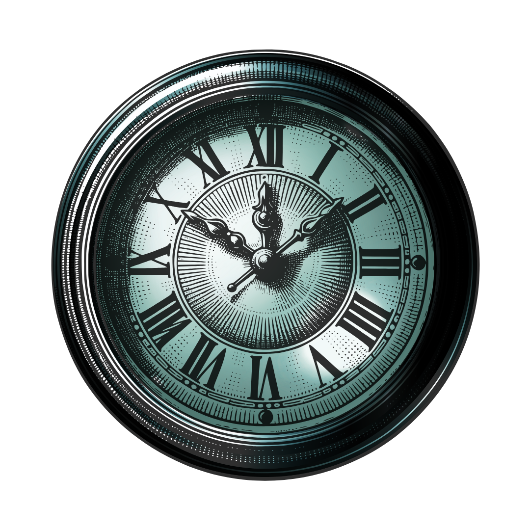 Antique clock with Roman numerals and hands at ten past two.