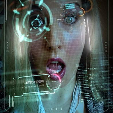 Blonde woman with surprised expression, overlaid with futuristic holographic UI, showing open mouth.