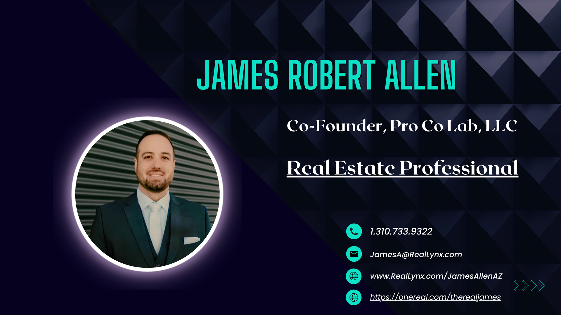 Business card: James Robert Allen, Real Estate Professional, with photo, teal and purple design, and contact information.