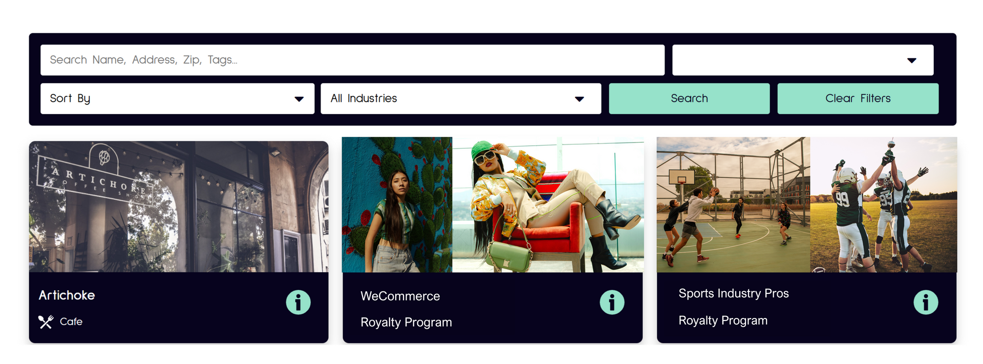 Search bar with filters and video thumbnails.