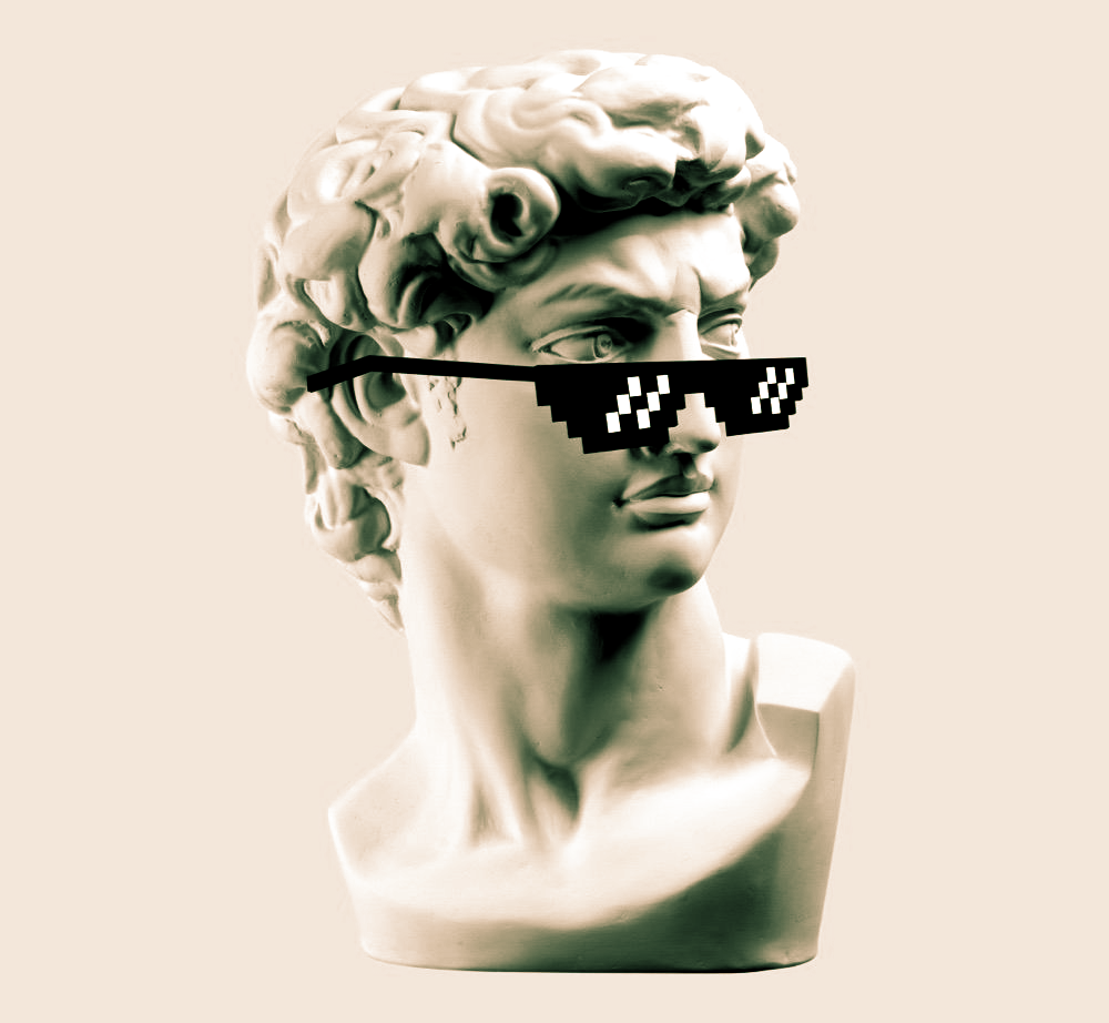 Bust of David statue with pixelated sunglasses; beige background.