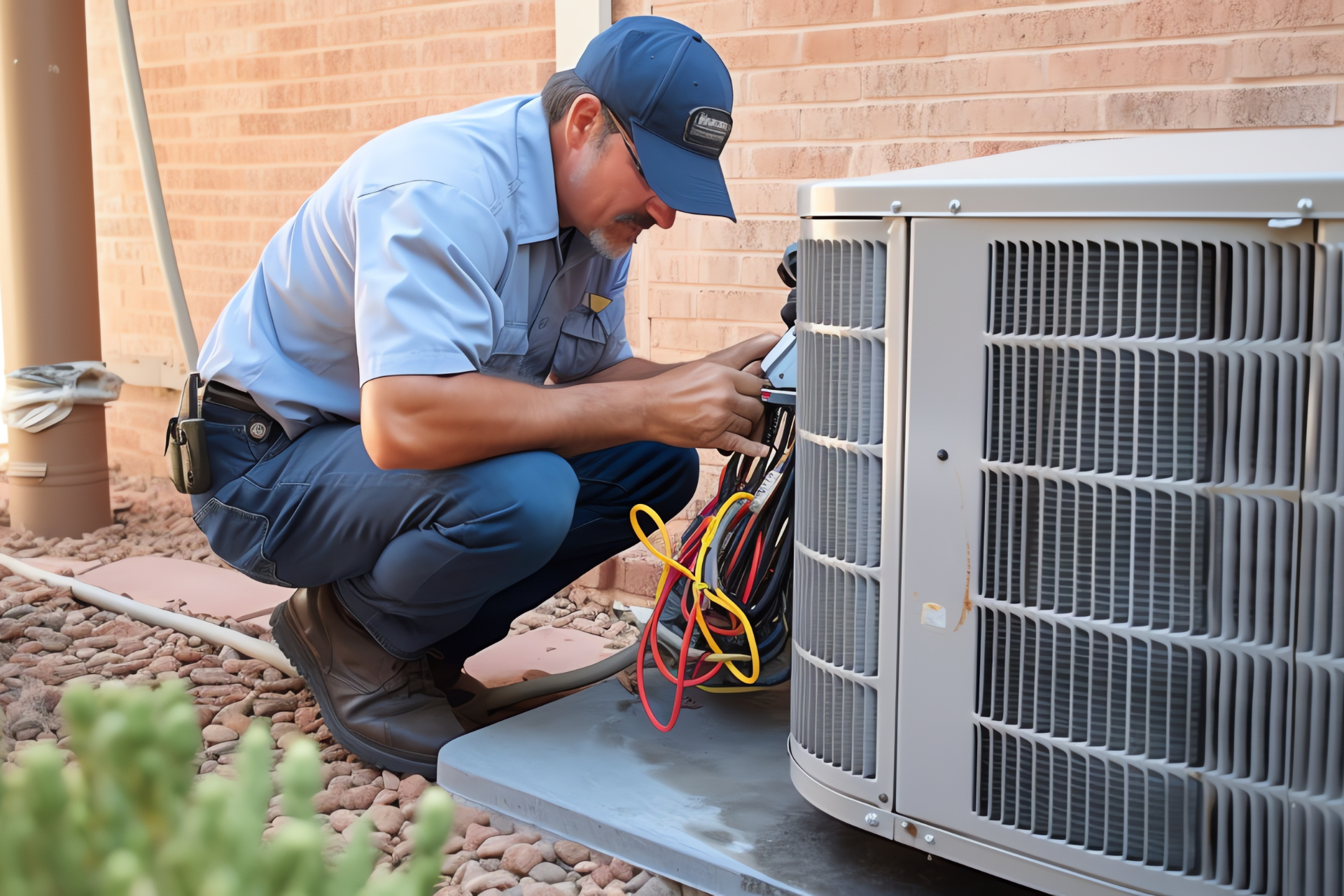 A man is working on an air conditioner outside of a building.