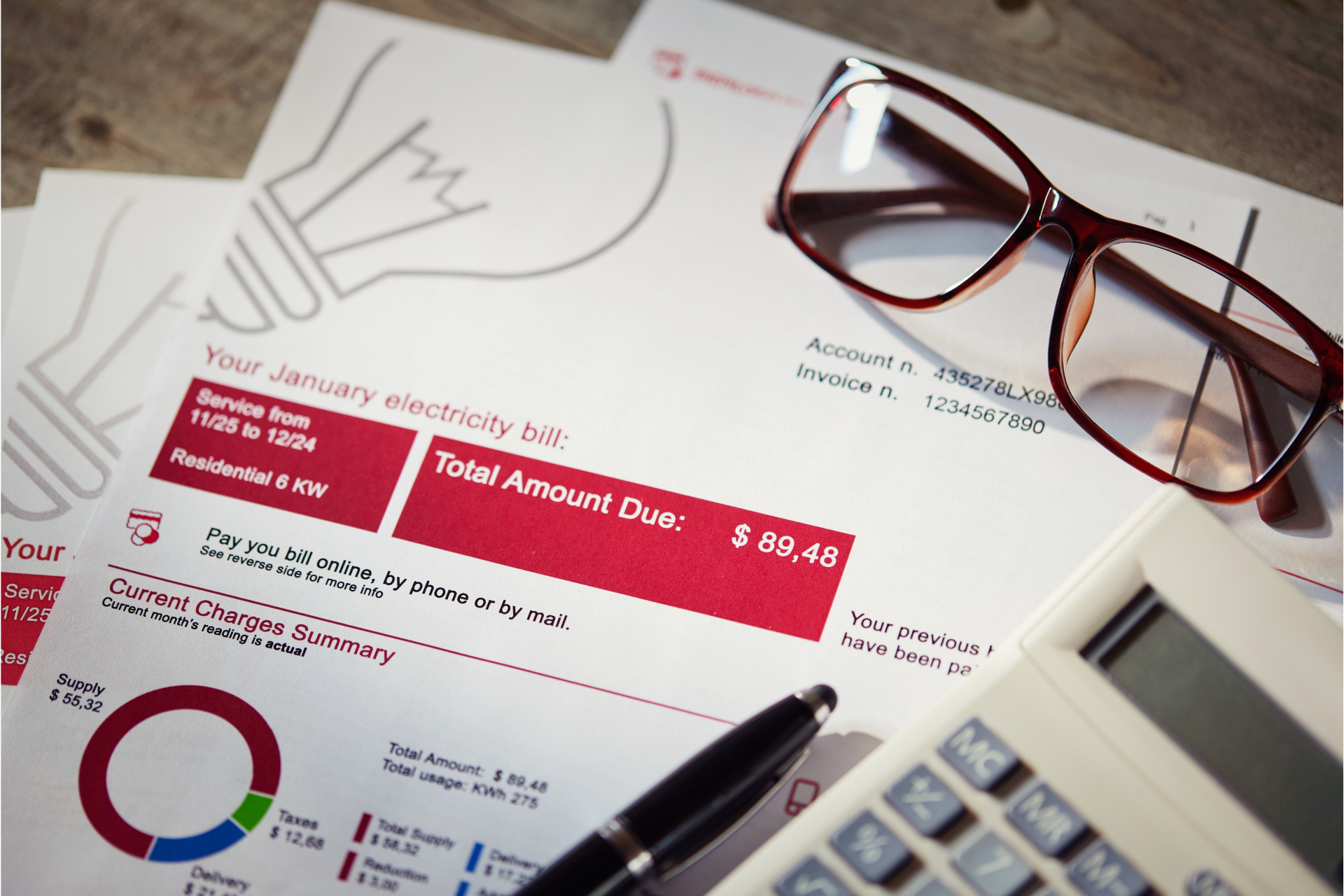 A calculator , pen , glasses and a bill on a table.