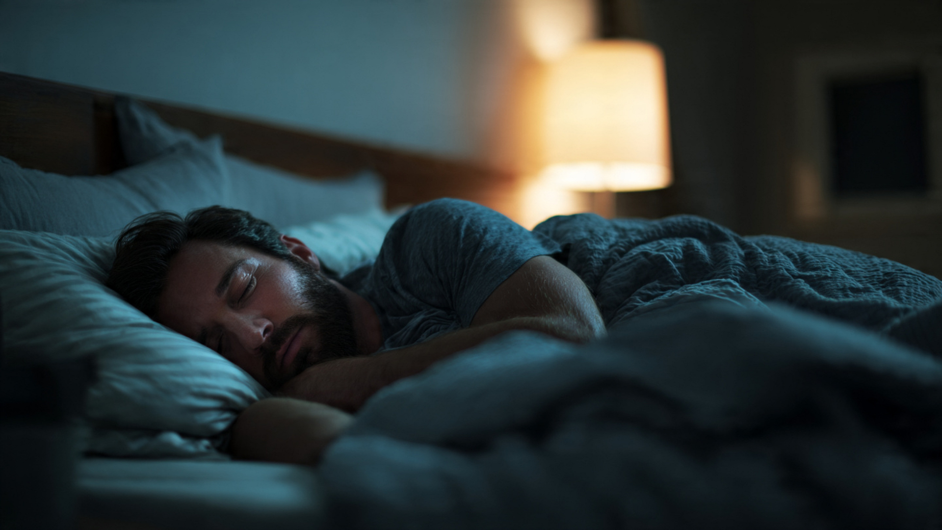 Man asleep in bed, under a blanket. Dim room with a lit lamp.