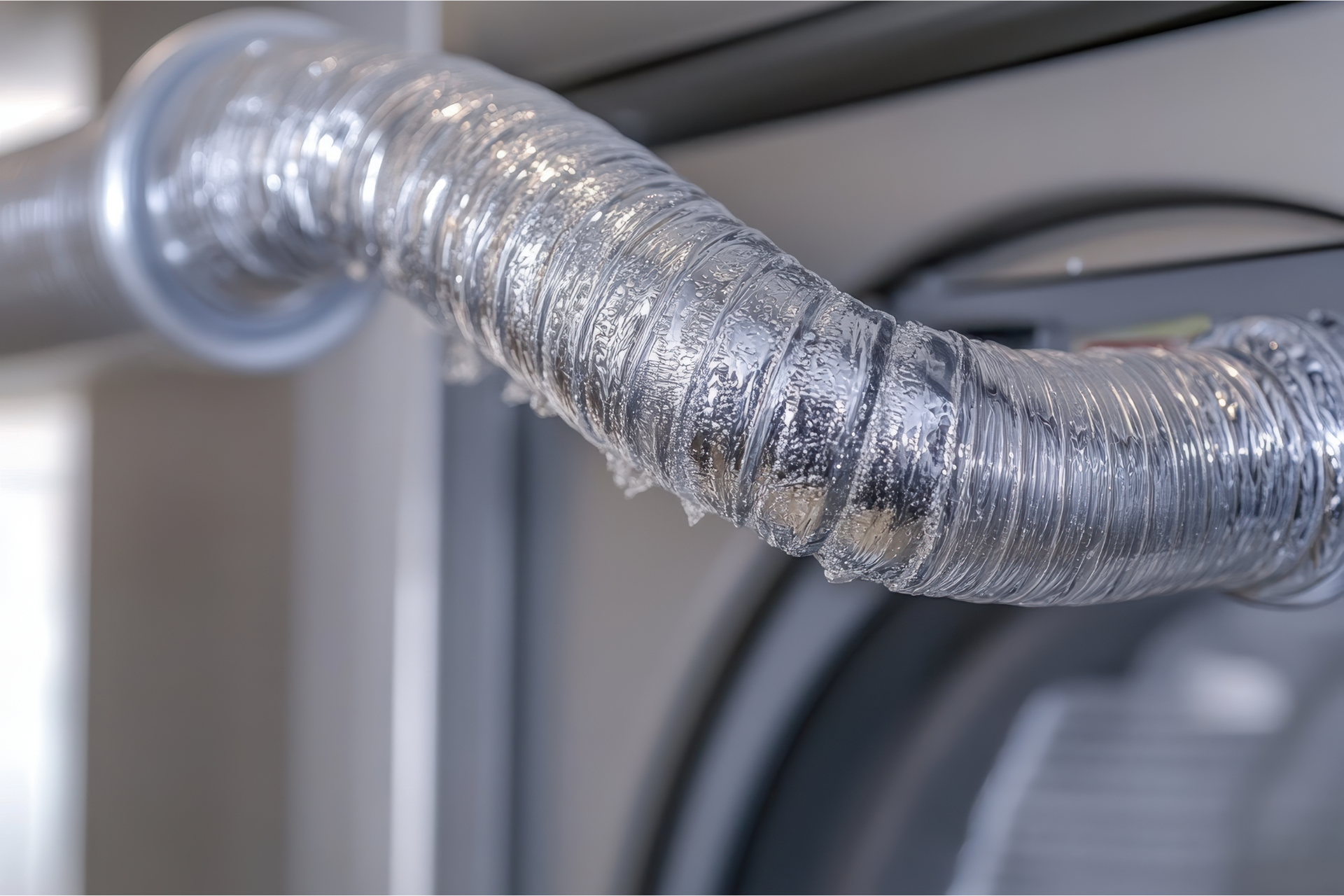 A close up of a metal pipe coming out of a dryer.