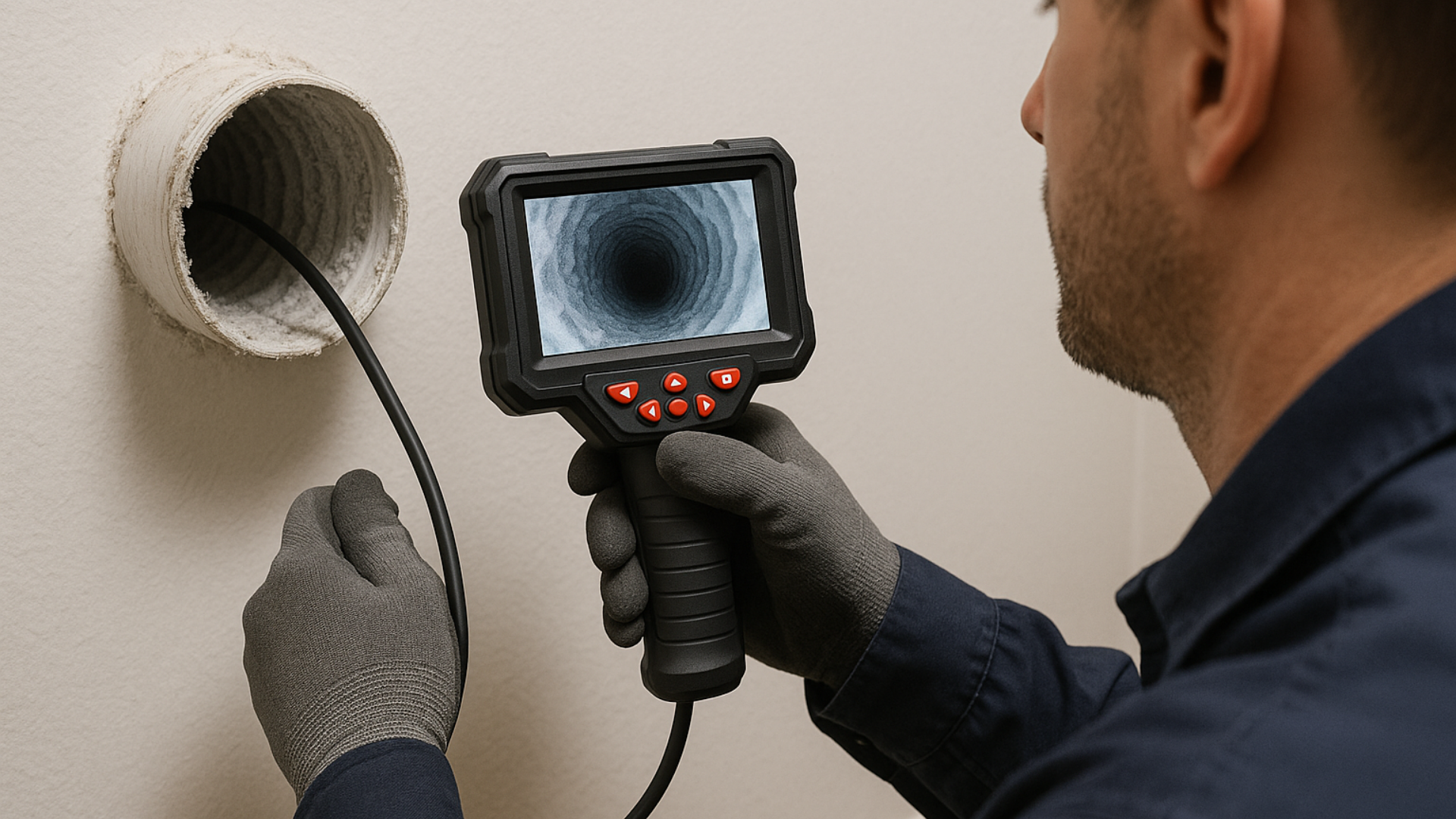 A man is holding a camera and looking at a pipe.