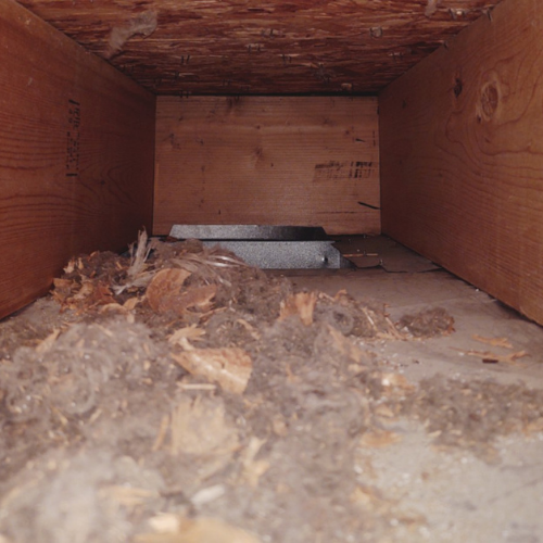 A wooden box filled with a lot of dust and dirt.