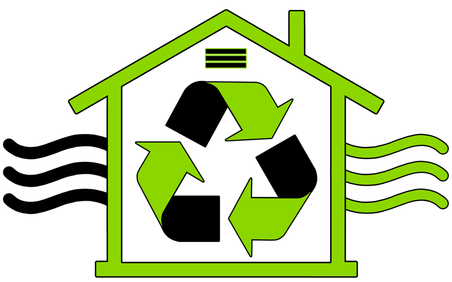 A green house with a recycling symbol inside of it