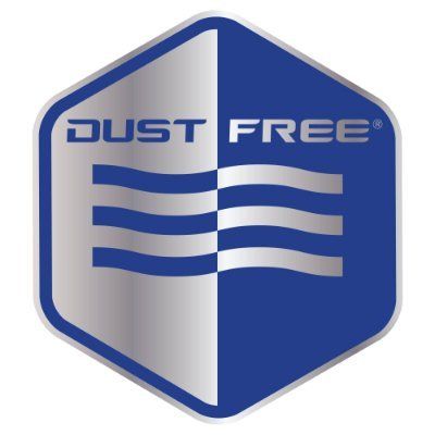 A blue and silver dust free logo on a white background.
