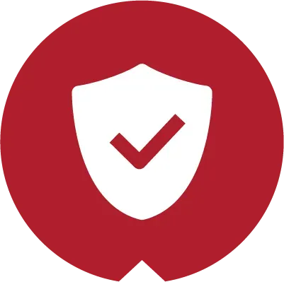 A white shield icon with a checkmark inside, set against a dark red circular background.