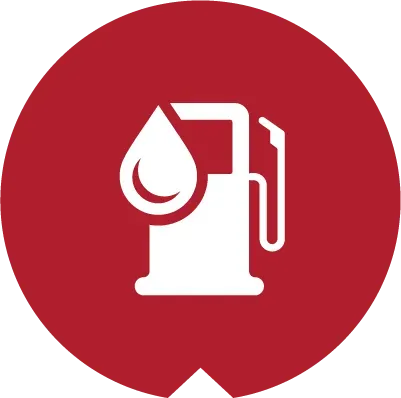 White gas pump icon with a droplet inside, centered on a dark red circular background.