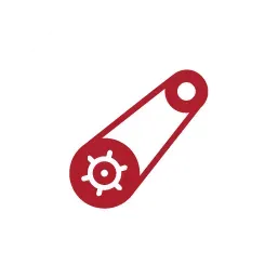 A red icon of a belt-driven pulley system or mechanical gear setup on a white background.