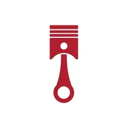 A simple, red icon of a combustion engine piston with a connecting rod centered against a plain white background.