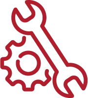 A red icon featuring a stylized wrench positioned diagonally over a gear.