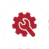A red icon featuring a gear with a white wrench symbol centered inside.