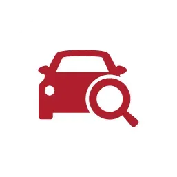 A red icon of a car with a magnifying glass over the front, representing a vehicle search or inspection.