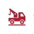 A dark red icon of a tow truck with a boom and hook on a flat surface.