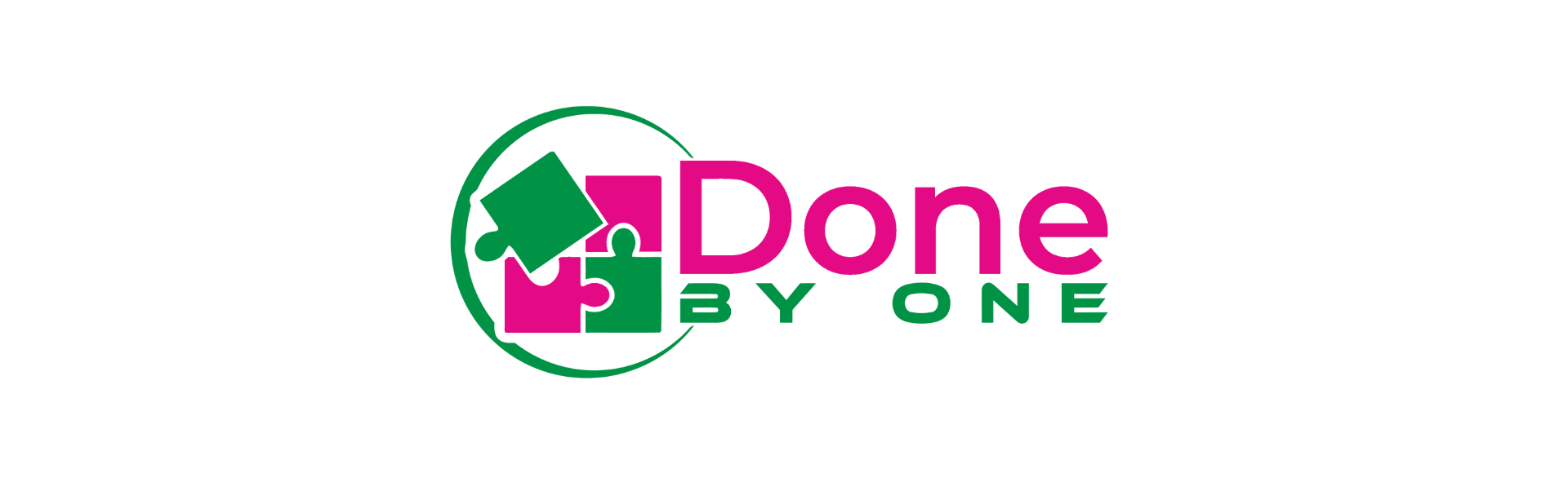 A pink and green logo for done by one
