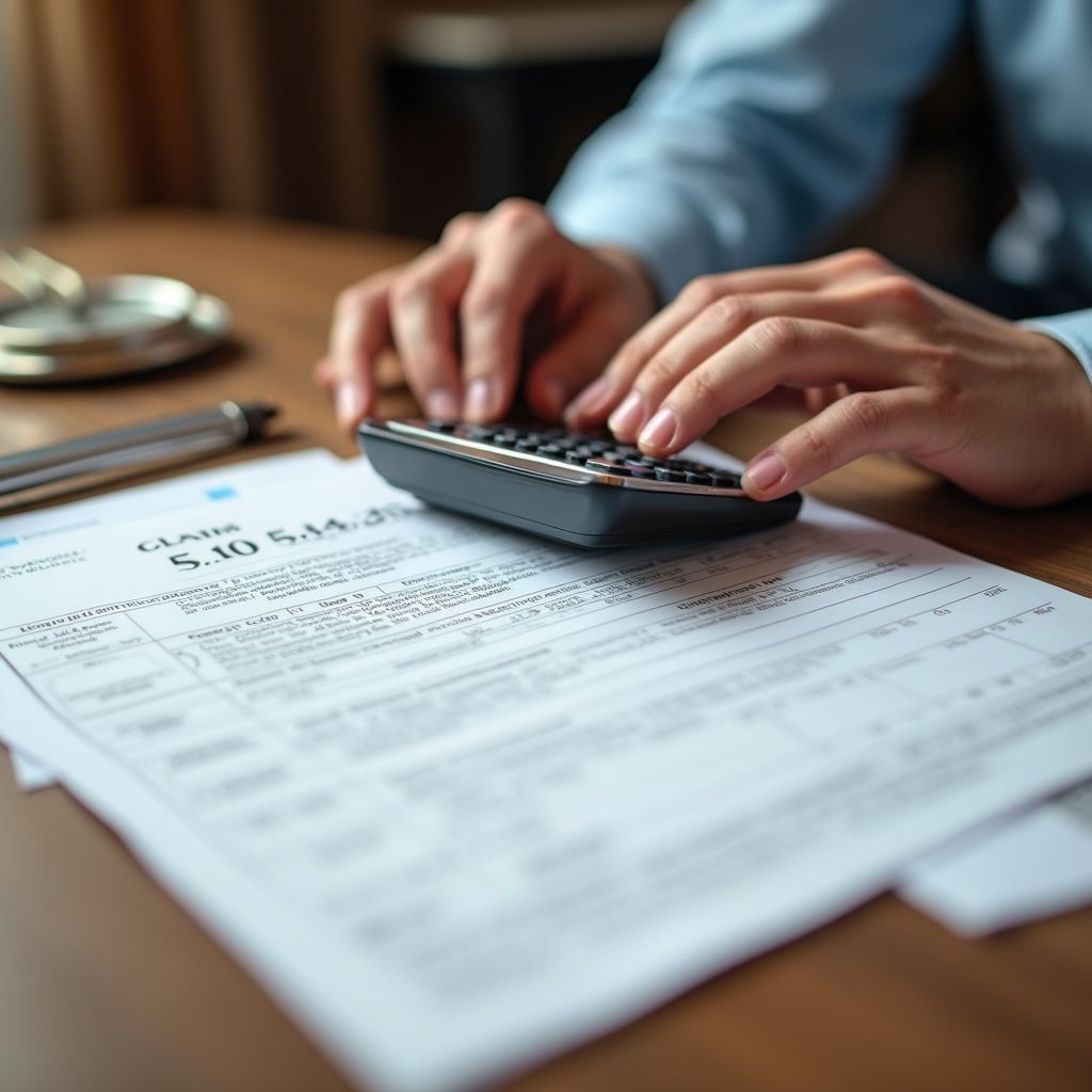 Hands using a calculator on top of tax forms at a wooden desk.