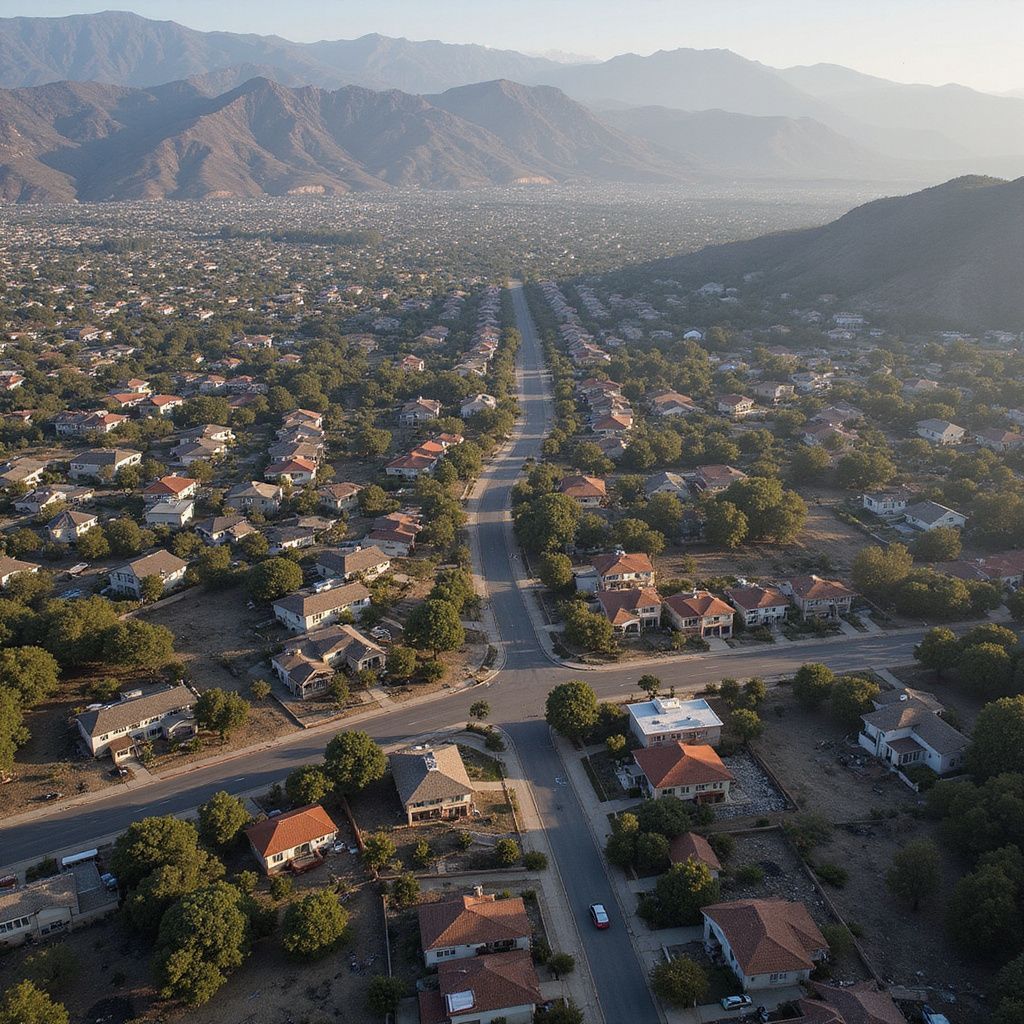 Aerial view of a suburban neighborhood with houses and trees, a long road, and mountains in the background.