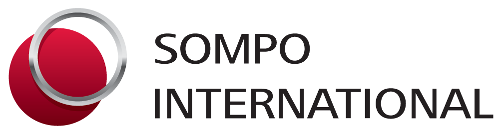 The logo for sompo international is a red circle with a silver ring around it.