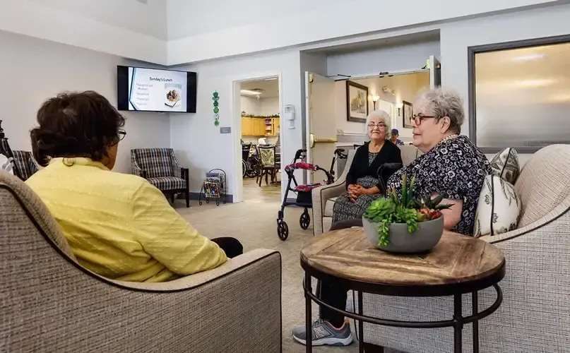 Two older women are sitting in chairs in a living room talking to each other.