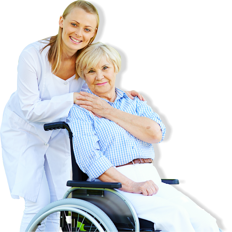 A woman is standing next to an older woman in a wheelchair