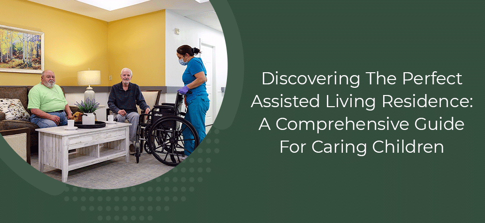 A nurse is pushing a wheelchair in a living room with two men sitting on a couch.