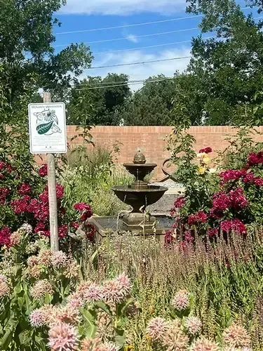There is a fountain in the middle of a garden surrounded by flowers.