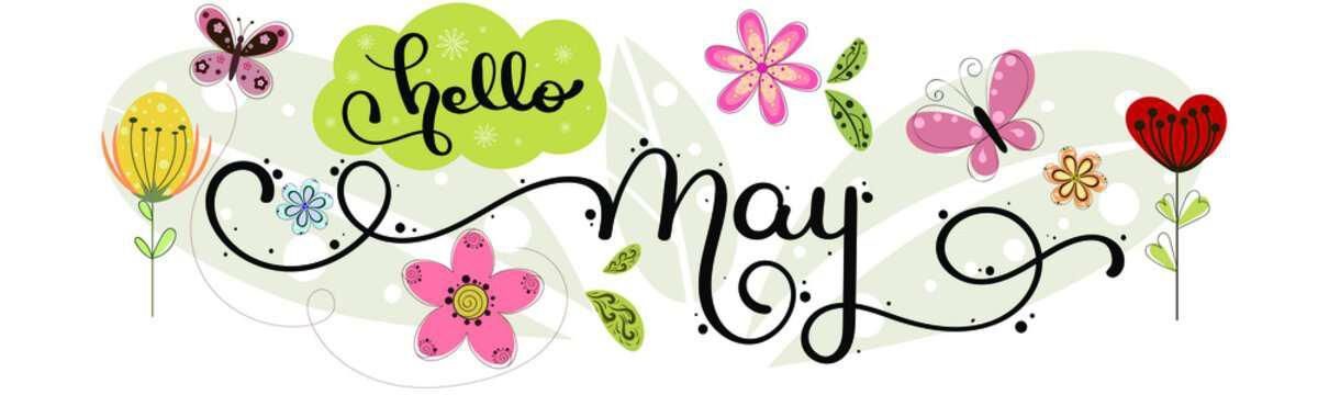 A banner that says hello may with flowers and butterflies