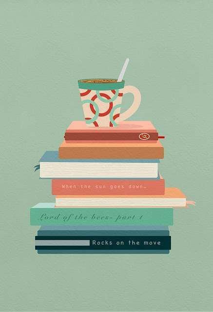 A stack of books with a cup of coffee on top