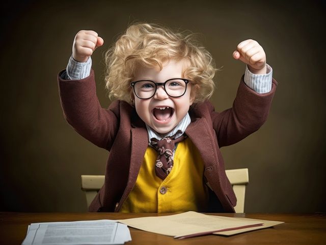 Excited child with glasses and curly hair cheering at a desk with papers, arms raised