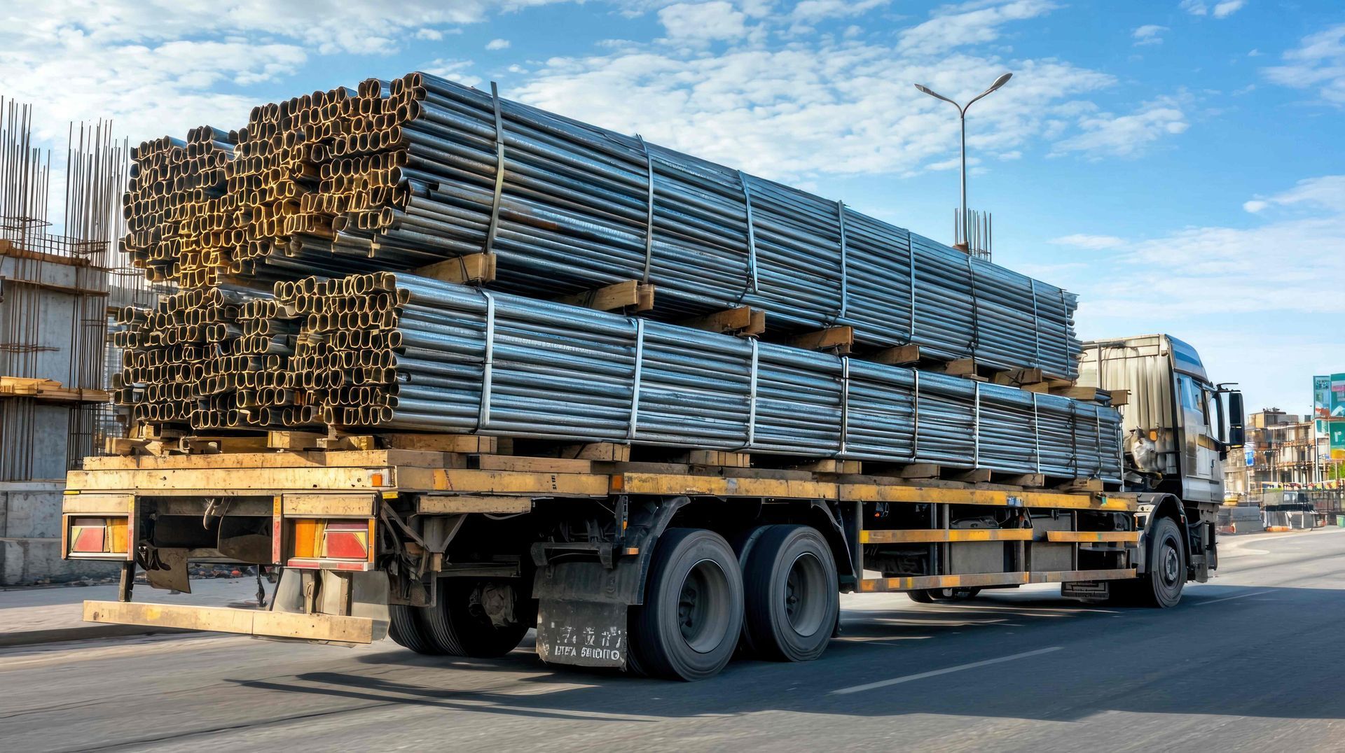 Flatbed truck transporting steel beams to worksite at Slick Rollers near Florence, KY