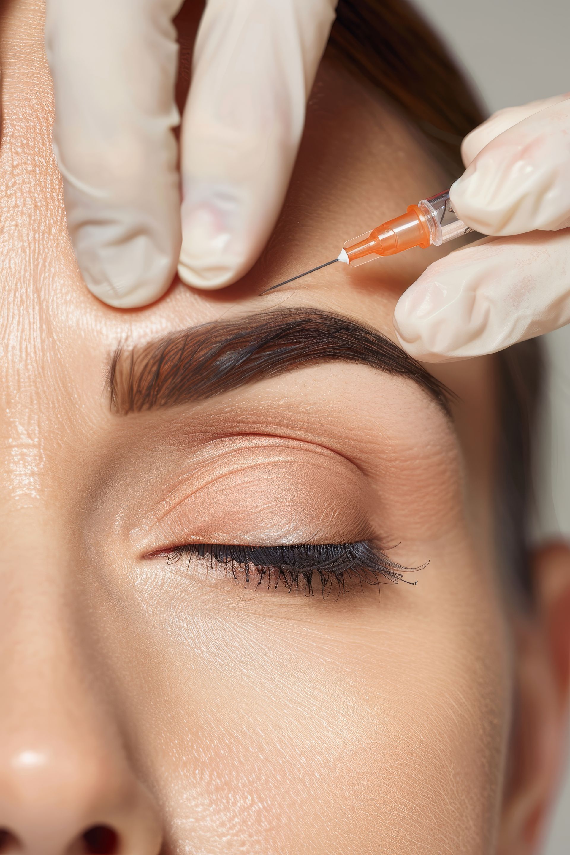 A woman is getting a botox injection in her forehead.