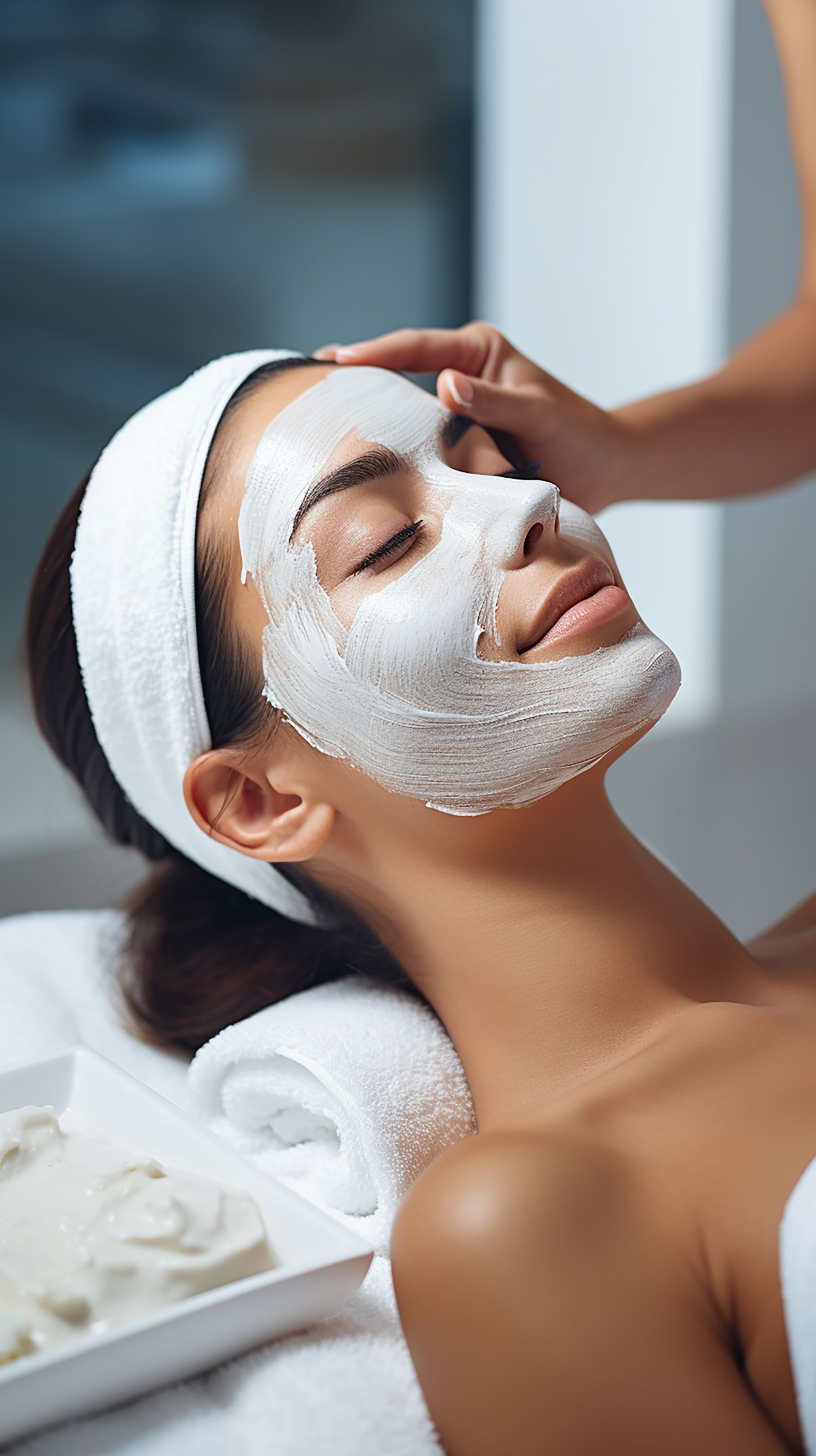 A woman is getting a facial treatment at a spa.