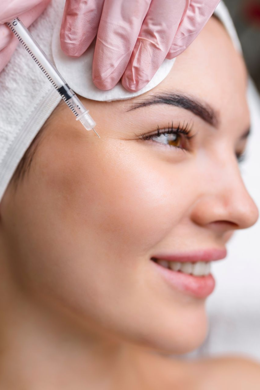 Woman receiving facial injection near eye, wearing head wrap and smiling.