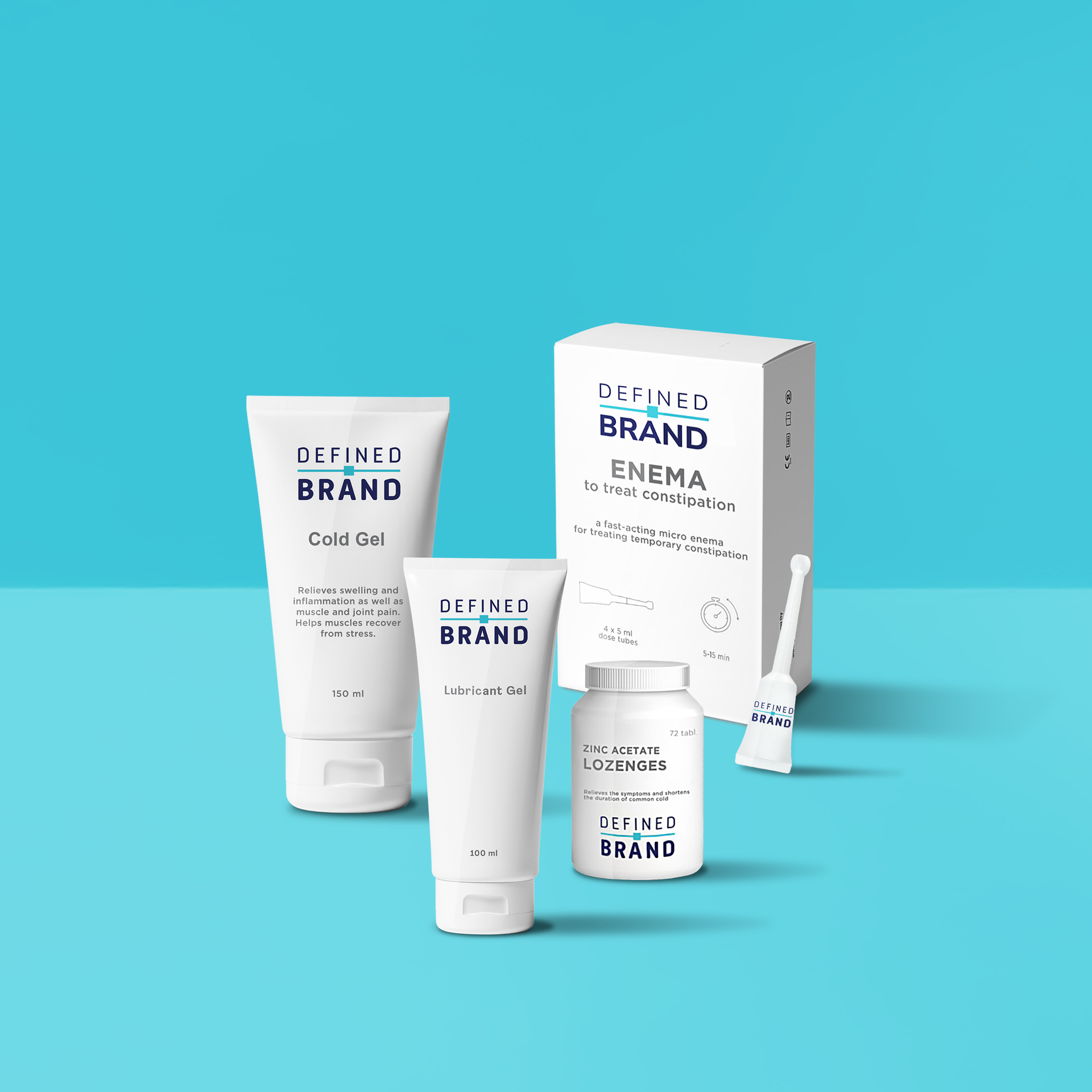 Defined Brand health products set against a blue background. Products include enema and other skincare creams and supplements.