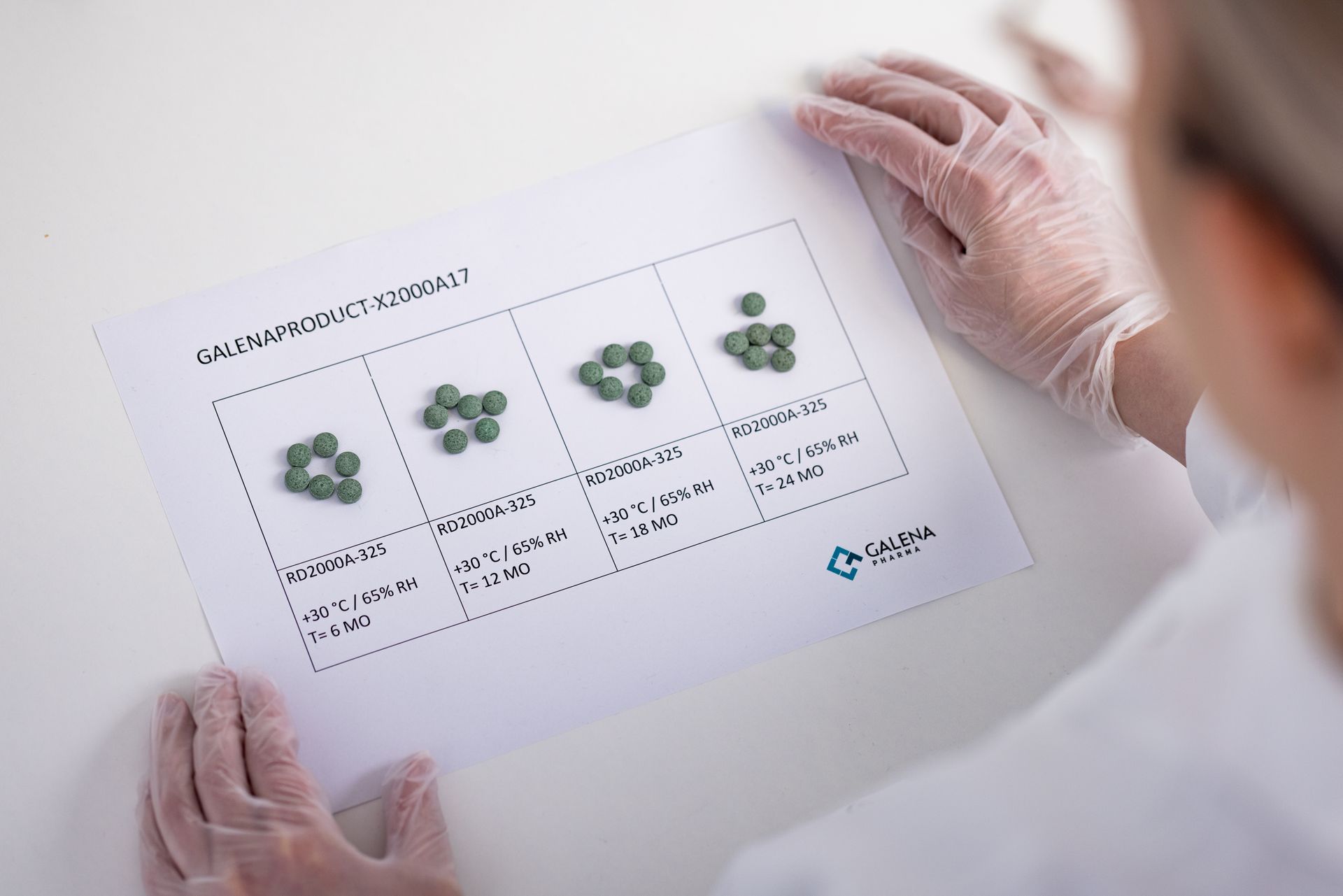 Person wearing gloves, examining a paper with groupings of green pills on a white surface.