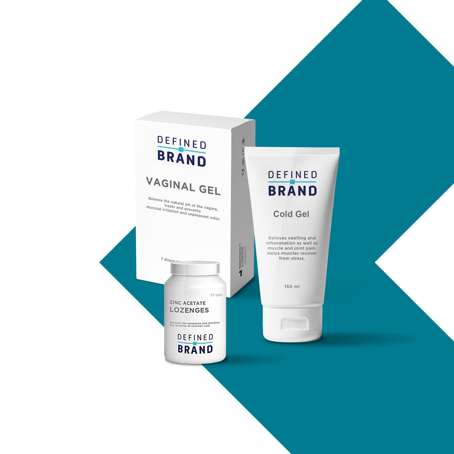 Three white branded products: vaginal gel box, Cold Gel tube, supplement bottle, teal background.