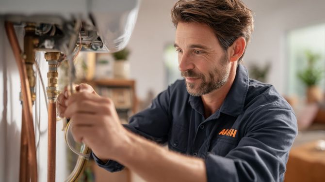 Man in a blue work shirt repairing a boiler; indoor setting with copper pipes.