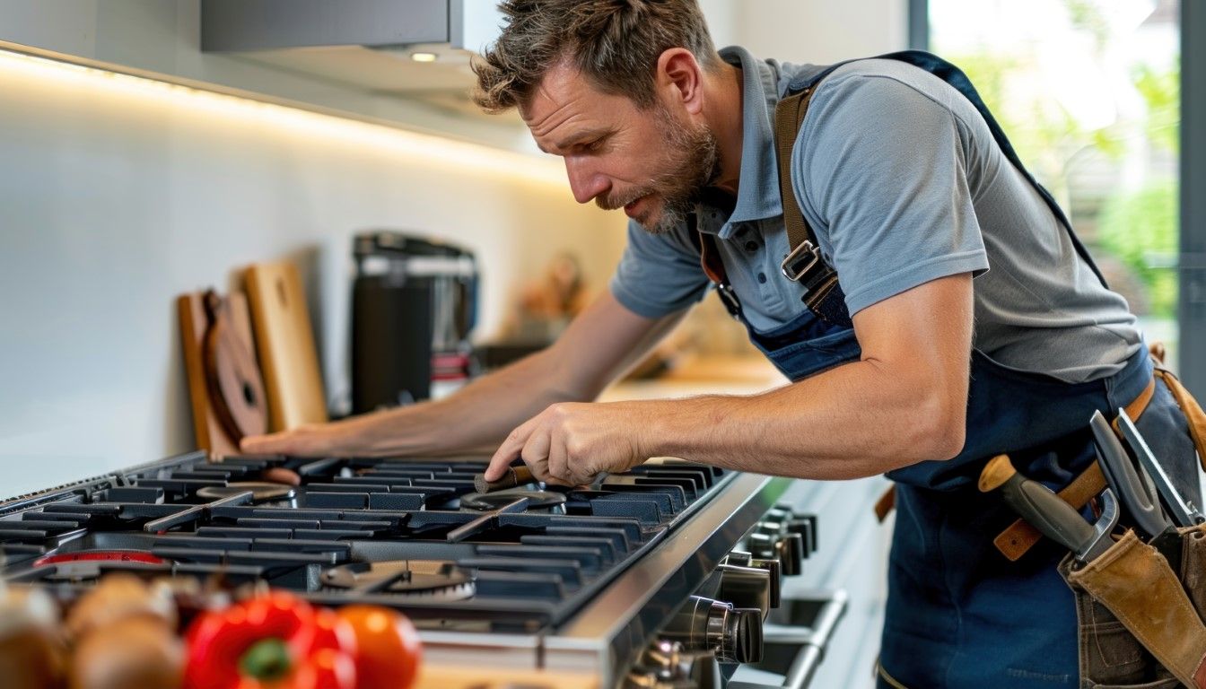A person in apron repairs a gas stovetop in a modern kitchen.